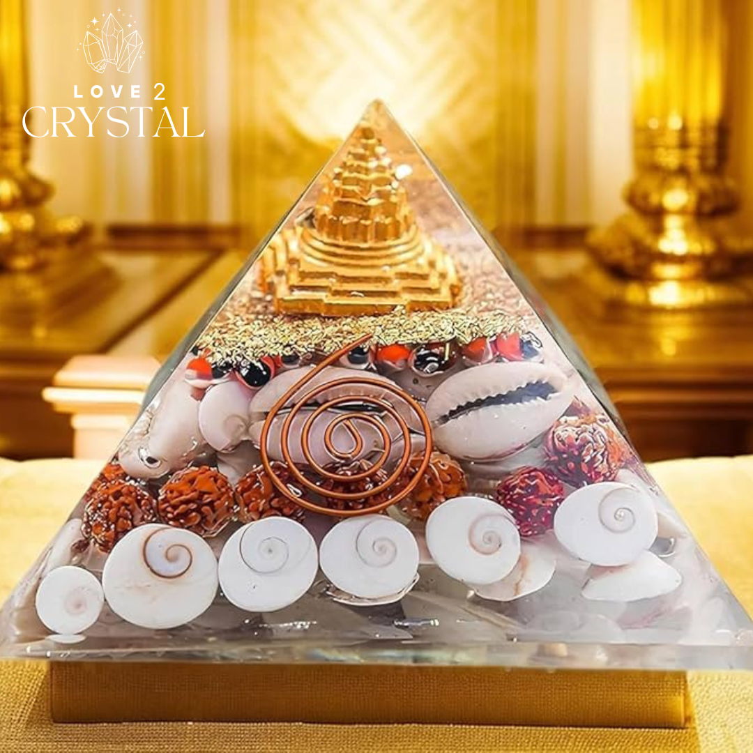 Dhan Laxmi Real Crystal Pyramid with Rudraksha, Shree Yantra, Gomati Chakra, White Kauri, and Ratti Seeds – Vastu for Wealth, Good Luck & Prosperity