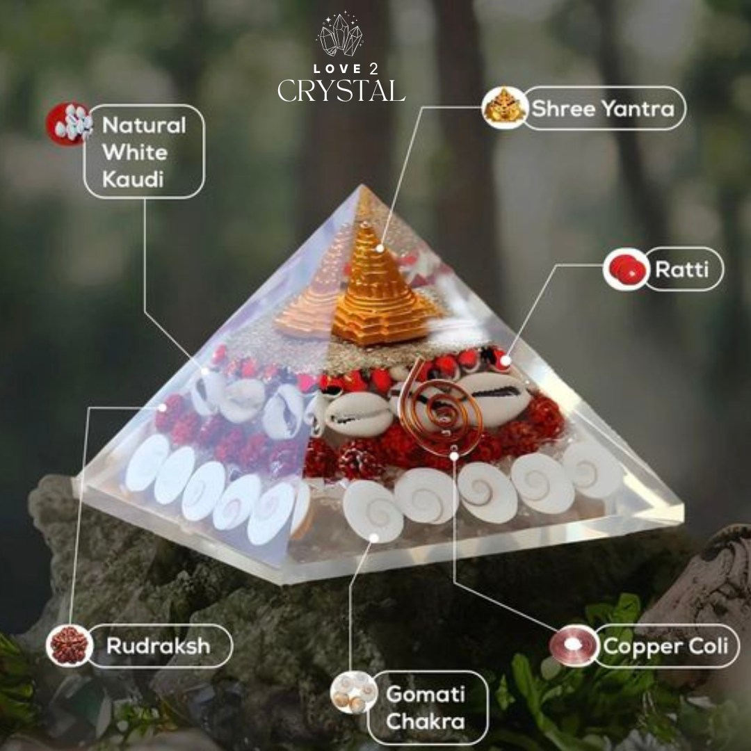 Dhan Laxmi Real Crystal Pyramid with Rudraksha, Shree Yantra, Gomati Chakra, White Kauri, and Ratti Seeds – Vastu for Wealth, Good Luck & Prosperity