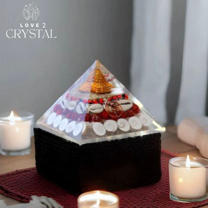 Dhan Laxmi Real Crystal Pyramid with Rudraksha, Shree Yantra, Gomati Chakra, White Kauri, and Ratti Seeds – Vastu for Wealth, Good Luck & Prosperity